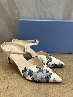 Something Bleu Bridal Cream Slingback Heels with Blue Floral Embroidery